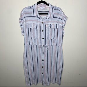Time and Tru Size Large 12-14 55% Linen and 45% Raton Striped Midi Shirt Dress